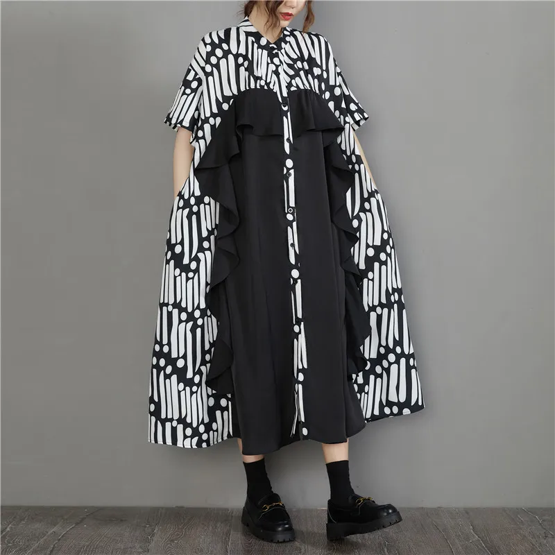 2023 New Arrival Japanese Style Dark Black Print Striped Street Fashion Chic Girl's Summer Ruffle Dress Women Casual Midi Dress