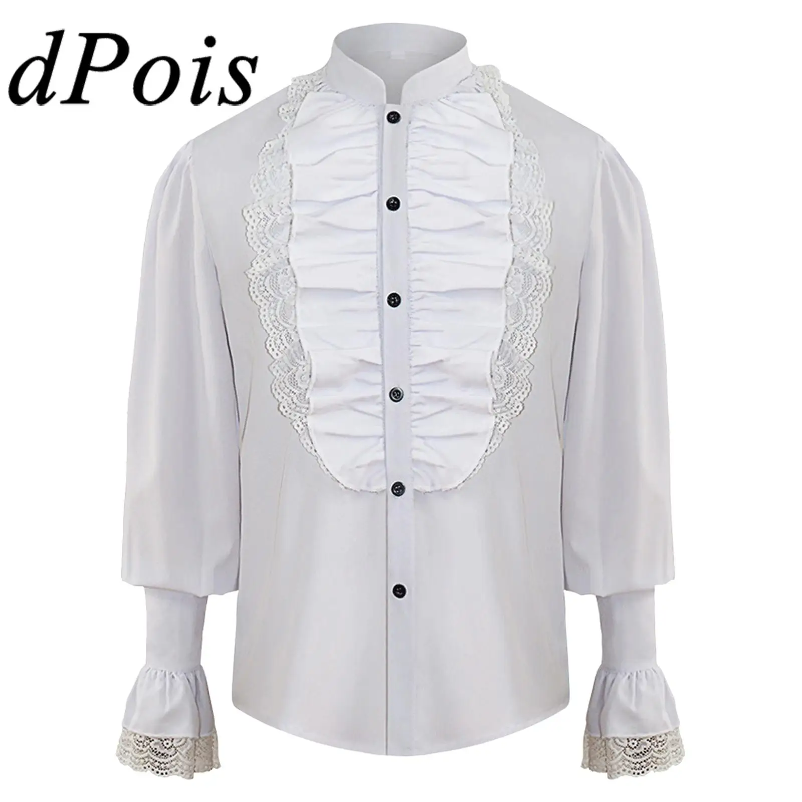 

Mens Renaissance Shirt Long Sleeve Flare Cuffs Ruffle Lace Placket Button Down Shirt Medieval Costume