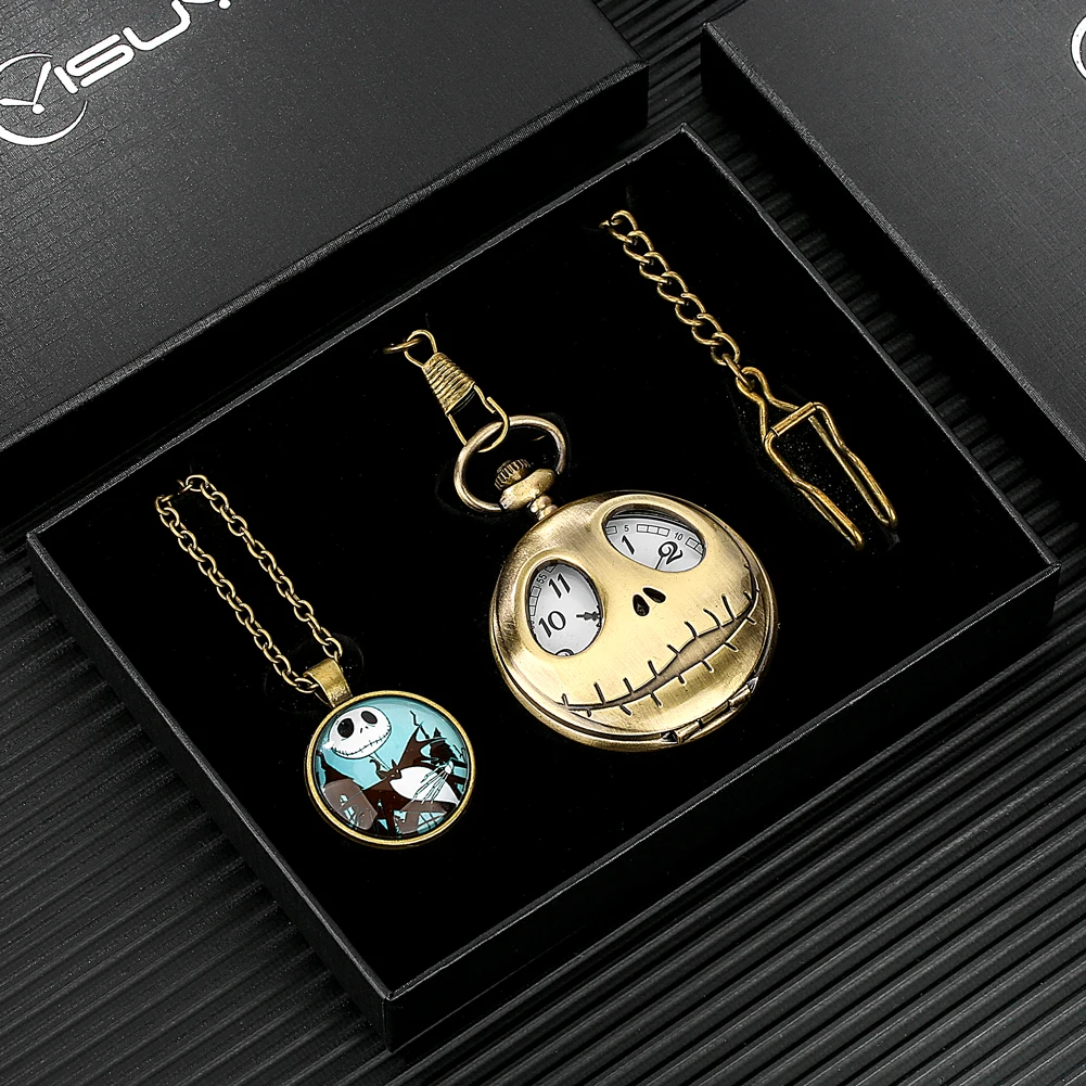Retro Skull Punk Chain Necklace Quartz Pocket Watch Set Pendant Bronze Jewelry Gift Box Fob Necklace Watches for Men Women Kids