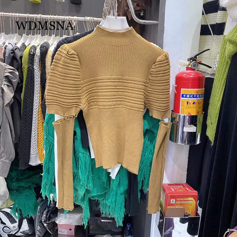 

WDMSNA Korean Fashion Women Sweater Autumn Half High-neck Pullover Stitching Puff Short Sleeve Sueter Mujer with Knitted Sleeves