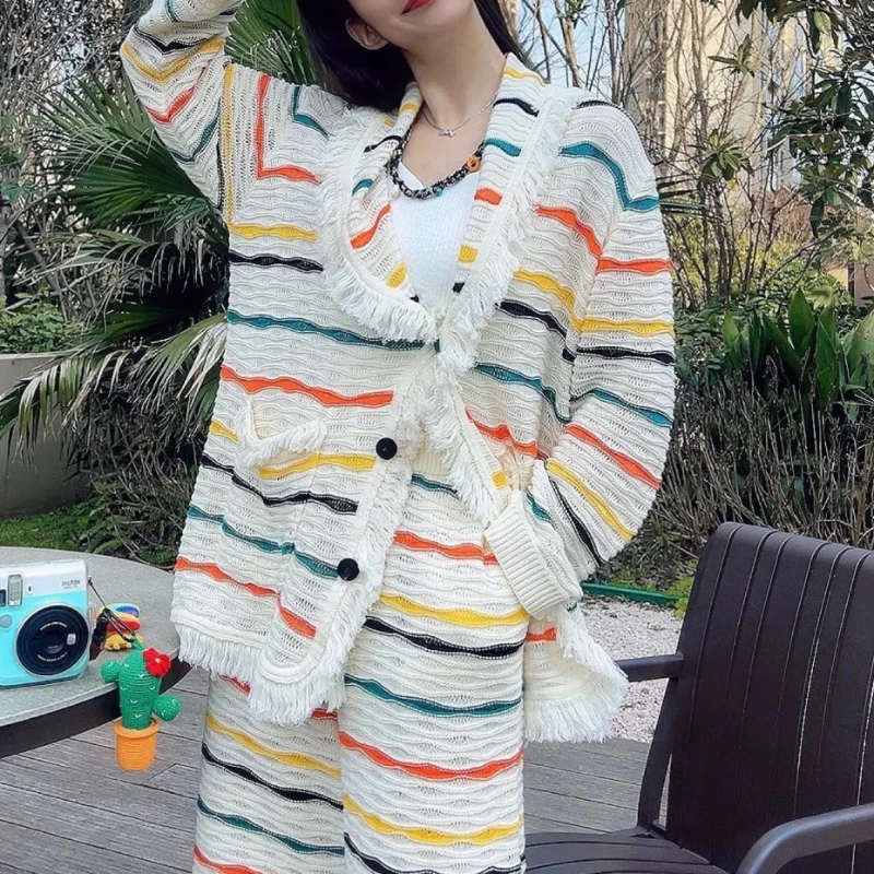 

Rainbow Colorblock Women Cardigan Sweater with Pockets Casual Striped Knit Tops 2023 Autumn New In Dopamine Outfit TASSEL