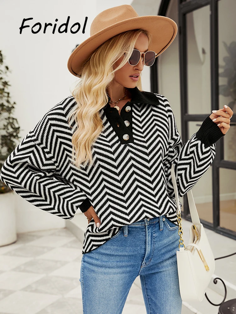 

Женский трикотажный свитер в полоску, Повседневный пуловер с длинным рукавом, на пуговицах, в винтажном стиле, Осень-зима