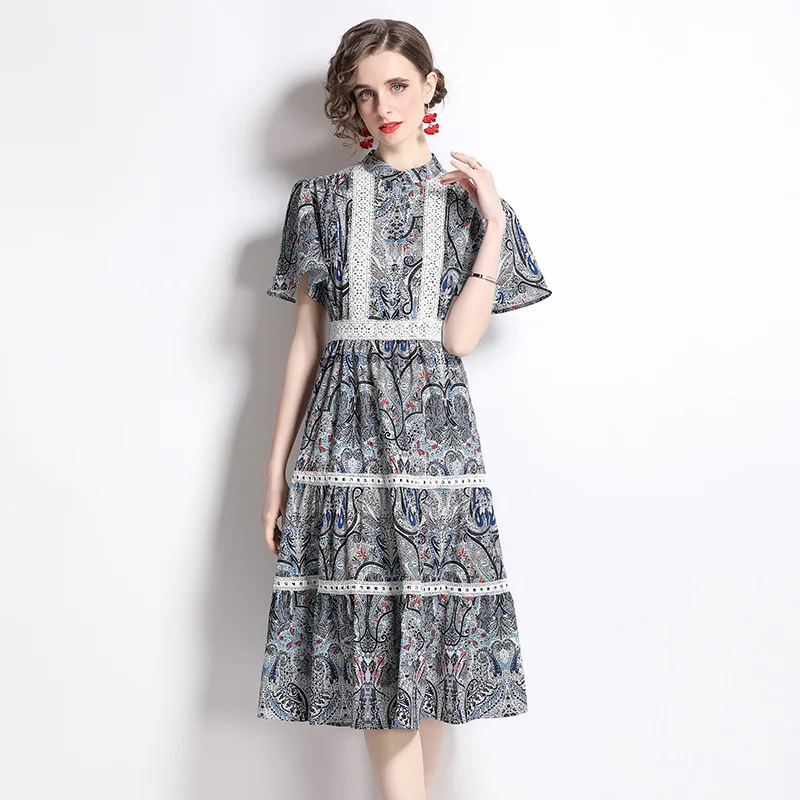 

High Quality Women Summer Elegant Print Lace Patchwork Slim Cocktail Party Robe Female Vintage Flare Sleeve Dress Vestidos
