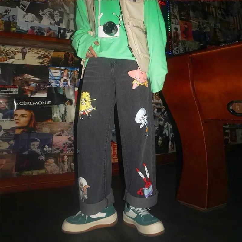 Street Hip-hop Handsome Nine-point Pants Fashion Men and Women Straight Loose Autumn Korean Style Cartoon Printed Jeans Pants
