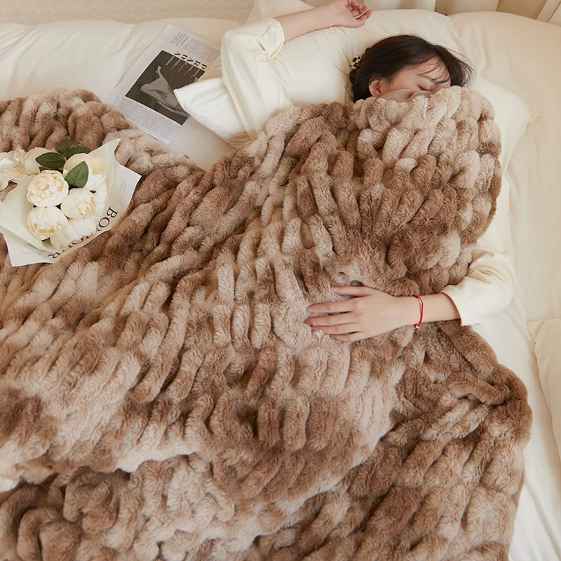 

Luxury Winter Bed Blanket Sofas Happy Nappers Elasticity Rabbit fur Thicken Warm Children's Decorative Throw Fleece Sofa Blanket