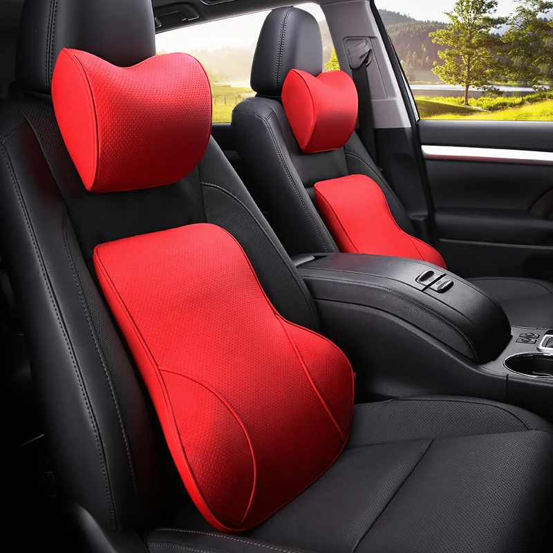 

Leather Car Seat Lumbar Full Set Memory Foam Auto Neck Pillow Waist Support Head Cushion Soft Fabric Headrest Pillow Cover Men