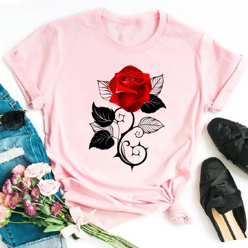 

Rose Printed Pink Women T-shirt New Fashion Casual Female Soft Tops Retro Harajuku Women Short Sleeve Clothes 33911