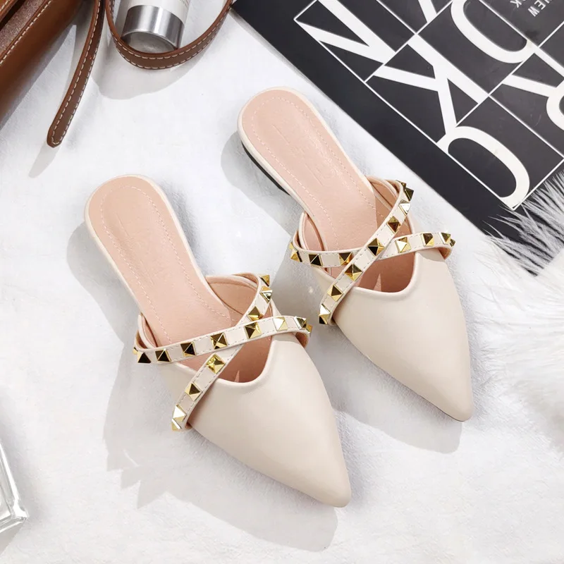 

Slippers Women 2022 Summer New Fashion Outdoor Slippers Female Korean Edition Pointed Leather Flats Rivets Muller Shoes Sandals
