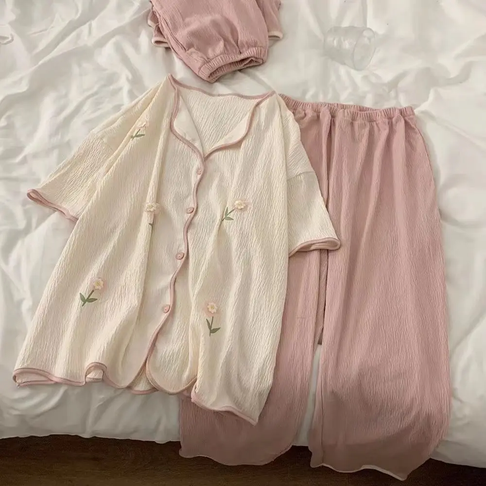 1 Hua Hua Pajamas Women's Summer Three Piece Set Cotton Short Sleeve Spring and Autumn Home Furnishing Set