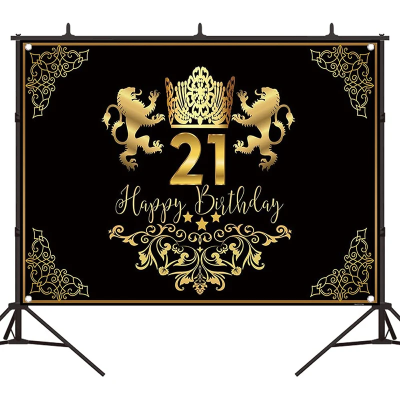 

Black and Gold 21st Birthday Backdrop Crown Lion King 21 Birthday Party Background for Photography Cake Dessert Table Banner