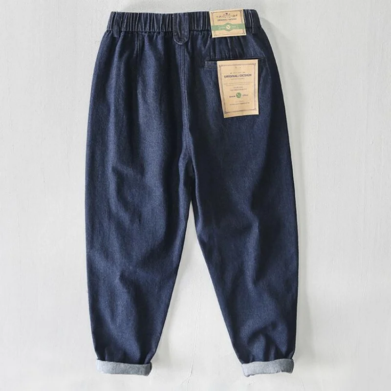 Men Jeans Cargo Pants Cotton Male Elastic Waist Cargo Pants Sashes Casual Mid Waist Loose Fit Trouser