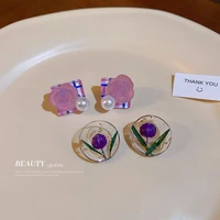 minar romantic real dye flower transparent resin dangle earrings faux pearl plaid square rose statement earring korean jewelry
