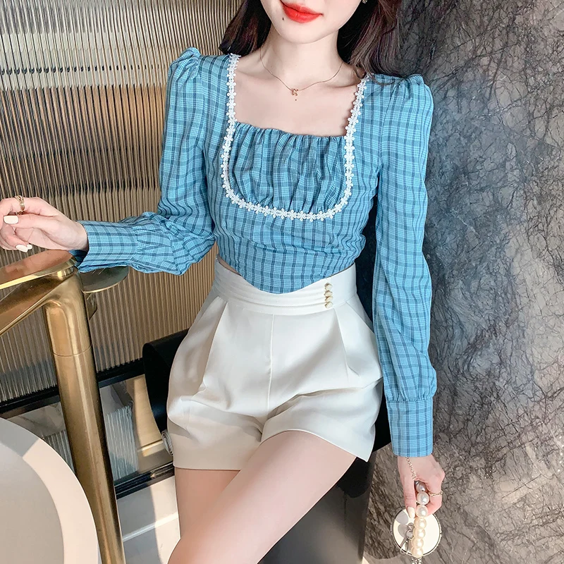 

Blouse Women Spring 2022 Office Lady Plaid Long Sleeve Pleated Sheath Square Collar Blusas Womens Tops And Blouses Dropshipping