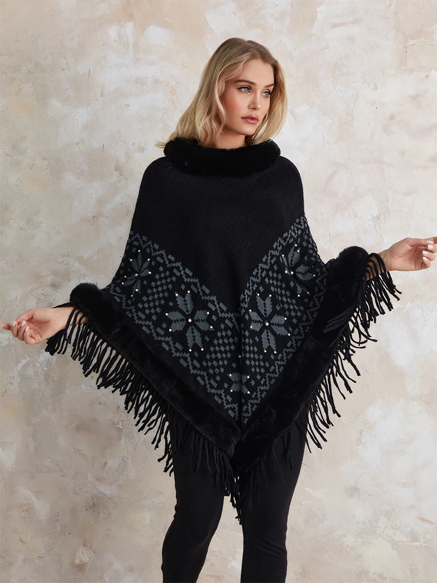 

Women s Faux Fur Collar Poncho Vintage Tassel Sweater Shawl Wrap With Sleeves 2023 Fall Winter Fashion Cape with Fringe