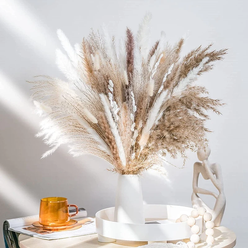 

92PCS Natural Dried Pampas Grass Bouquet,Boho Home Decor Bouquet, Phragmites Dried Flowers,Lagurus Bouquet for Wedding Decor