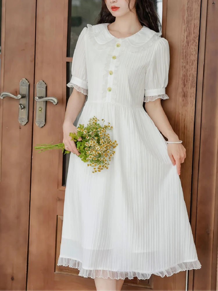 

Japanese Elegant Sweet Mori Girl White Dress Summer Princess Midi Dress Peter Pan Collar Lace Up Elegant Dress Buttons Feminine