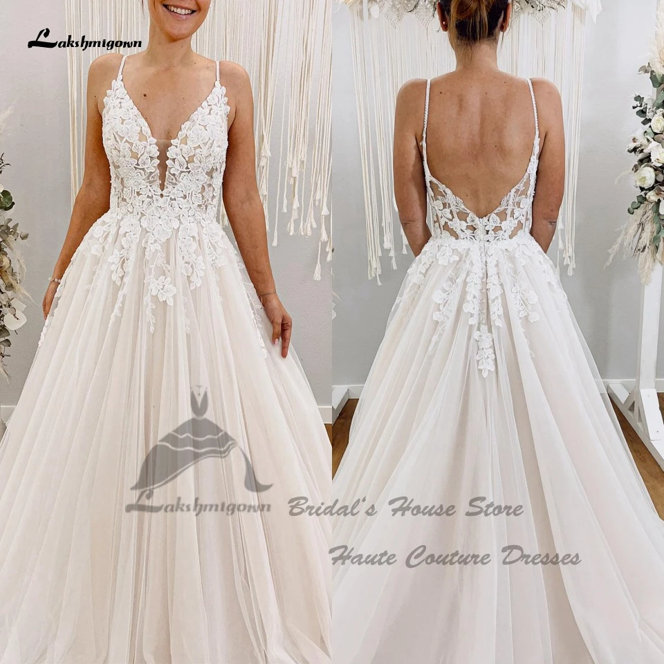 

Lakshmigown Floral Lace Boho Wedding Dresses for Women 2022 Light Champagne A Line Sexy Tulle Wedding Gowns Spaghetti Straps