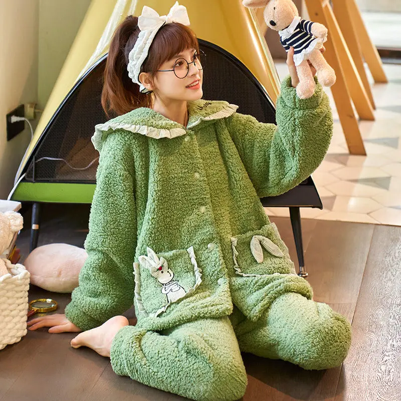 

Pajamas Ladies Warm Cashmere Home Wear Girls Pajamas Autumn and Winter Fashion Thick Flannel Cute Hooded Pajamas Sleepwear
