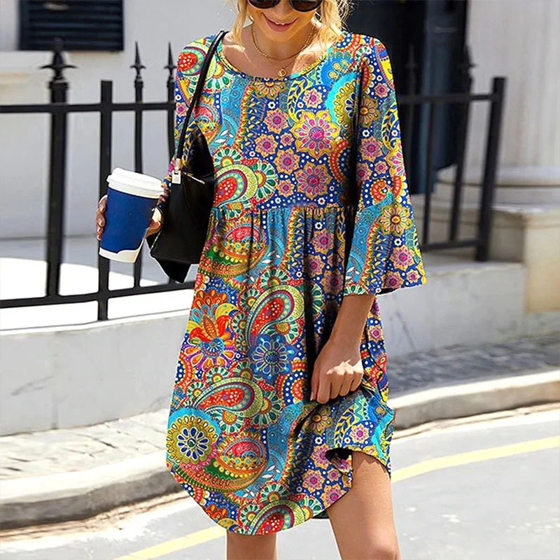 

2023 Fashion Women Party Dress O Neck Long Sleeve Mini Dresses For Women Elegant Flower Print A-line Casual Loose Dresses Boho