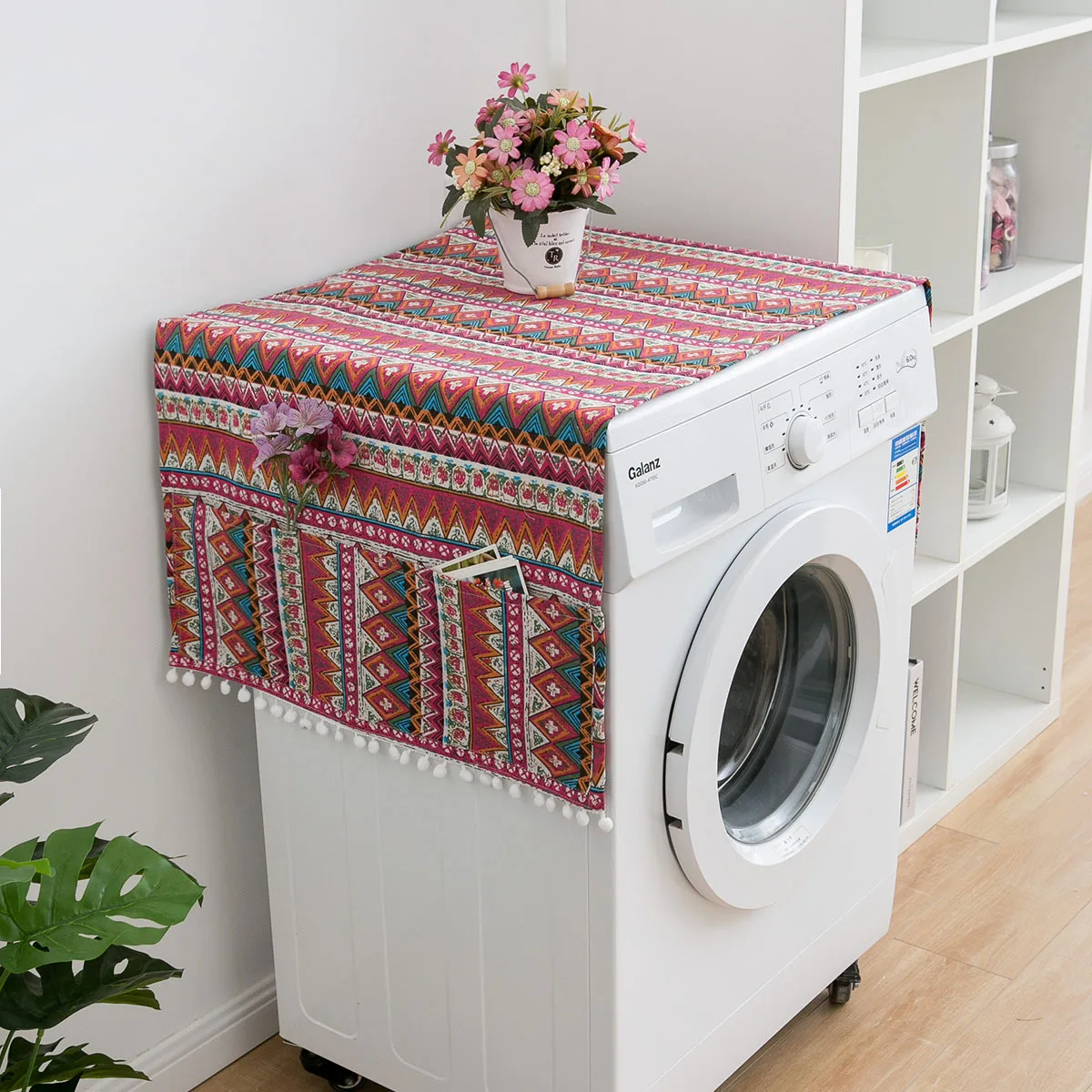 

Washing Machine Organizer,Boho Foliage Flowers Pattern Bohemian Blossom Illustration,Anti-slip Fabric Top Cover for Washer Dryer