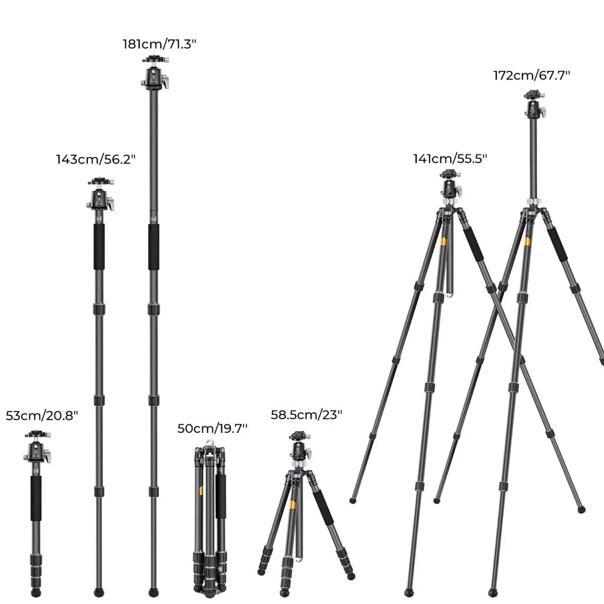 K&F Concept 68''/1.7m Carbon Fiber Camera Tripod Professional Photography Tripod with 36mm Metal Ball Head Capacity 16KG/35.2lbs images - 6