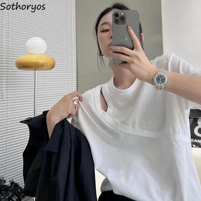 

T-shirts Women Hollow Out Stylish Pure Color Femme Baggy Chic All-match Streetwear Summer Ins Popular New Arrival Daily Simple