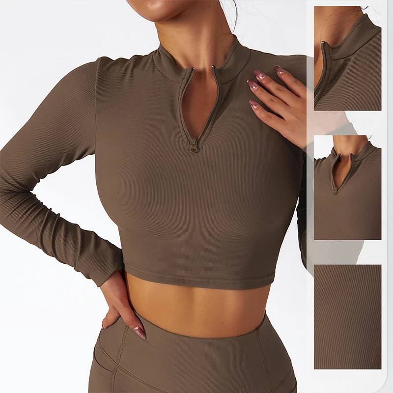 New style stand collar zipper long sleeve yoga suit for women quick dry exercise running fitness top looks slim and slim
