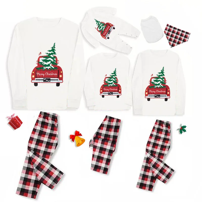 Christmas Matching Family Pajamas Red Plaid Truck with Christmas Tree Gray Pajamas Set With Baby Pajamas
