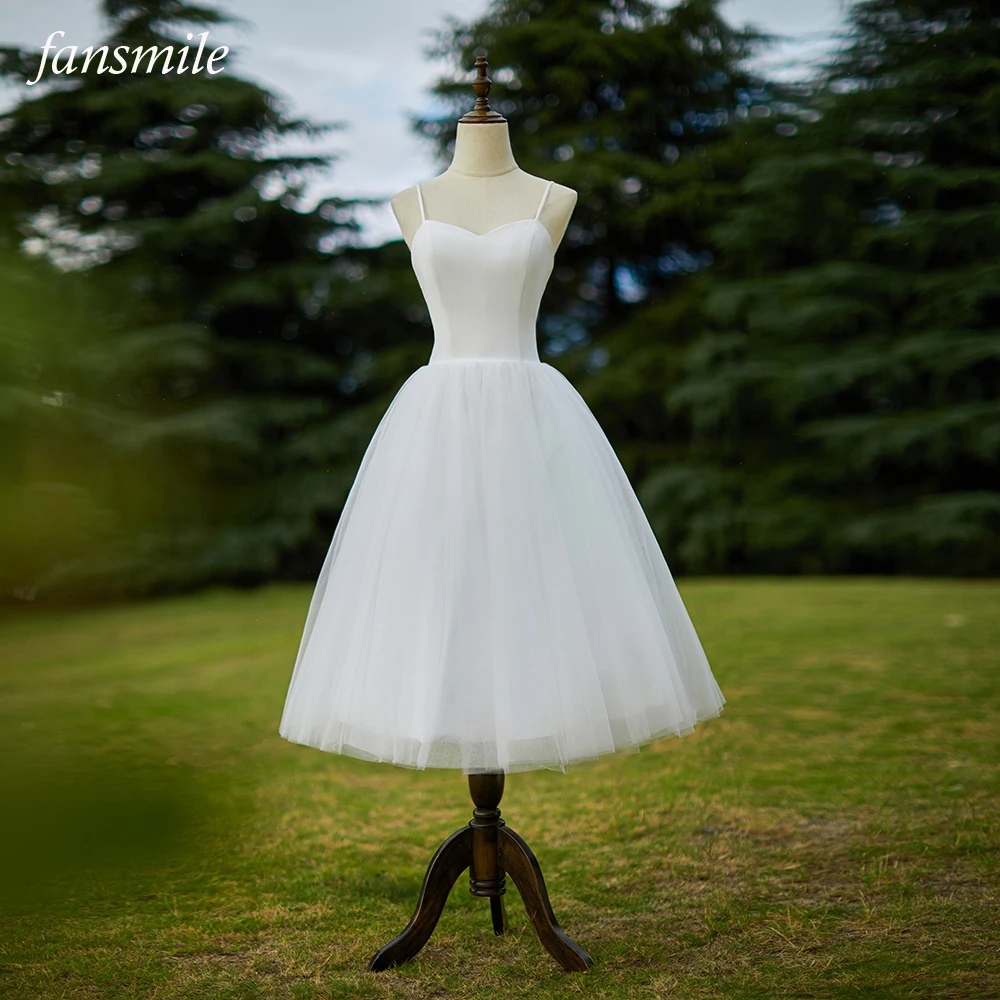 

Fansmile New V-neck Spaghetti Straps Vestidos de Novia Tulle Wedding dress 2022 Short Bride Gown FSM-228F