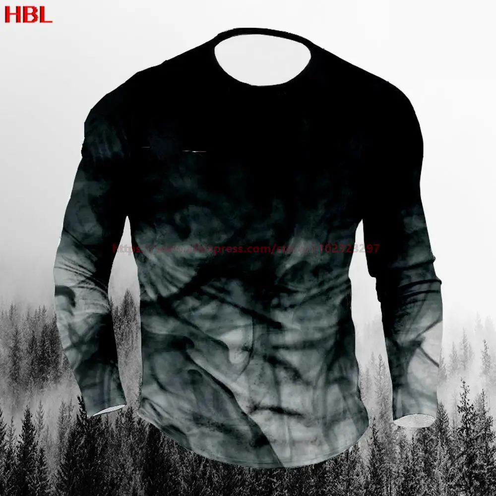 

Smog Printed Men's T-shirt Long Sleeve Top Spring And Autumn New Men's Dress O Collar Black And White Color Top