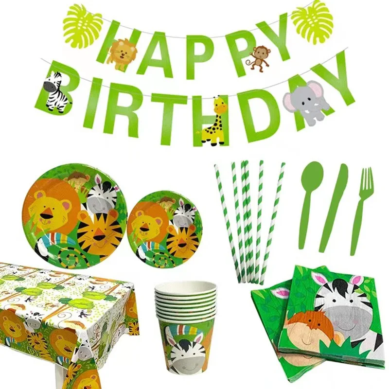 

Jungle Animals Children Adult Cartoon Birthday Party Set Decoration Props Disposable Paper Cups Paper Plate Napkin Tableware Set