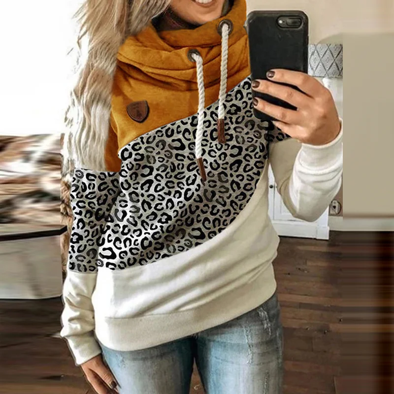 

Женская леопардовая толстовка с капюшоном в стиле пэчворк, осенне-зимняя водолазка, теплые толстовки с длинным рукавом и принтом, женские пуловеры с Кулиской
