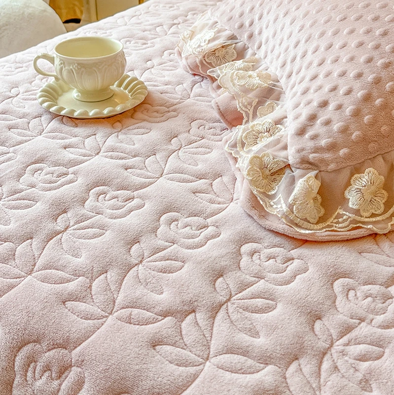 Роскошная розовая утолщенная бархатная юбка для кровати цветочное кружево