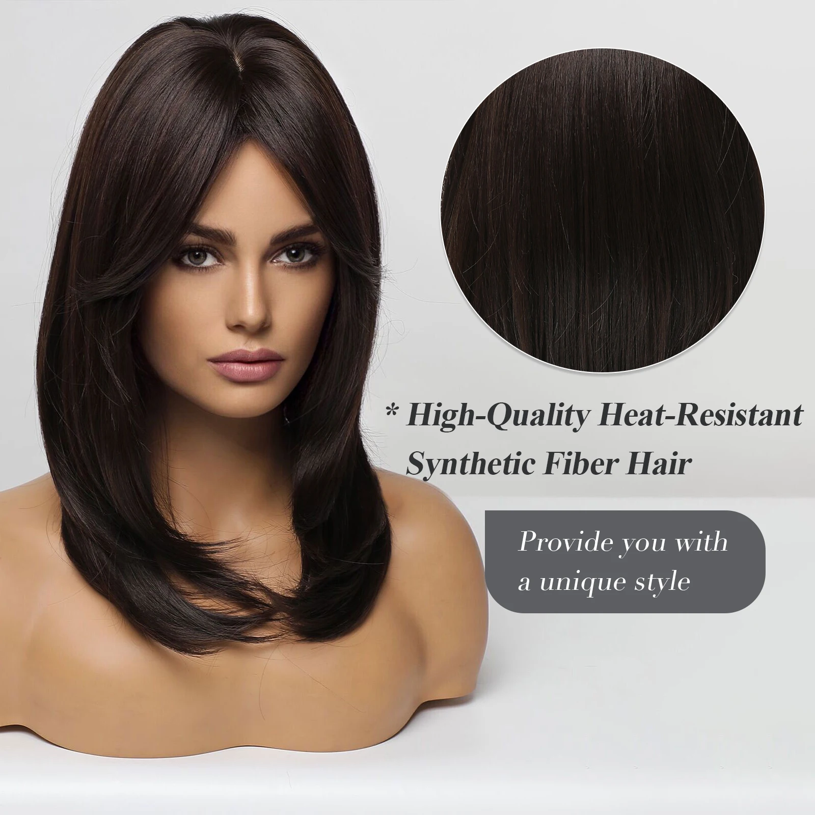 EASIHAIR Dark Brown Wigs with Bangs Layered Synthetic for Women Medium Length Cosplay Heat Resistant Daily Wig |