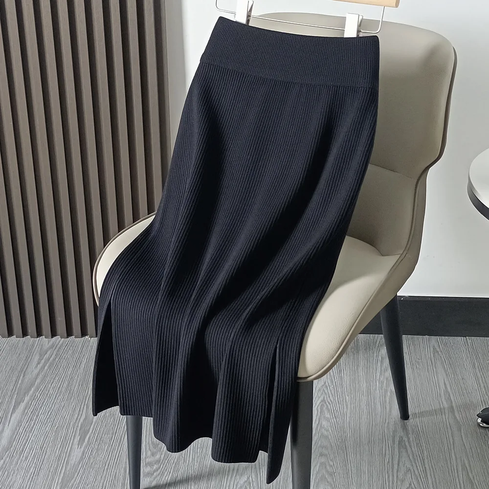 

GTGYFF Knitted Skirts For Women Autumn Winter Elastic High Waist Midi A Line Thick Warm Slit Slim Hips Faldas Saias Black Color