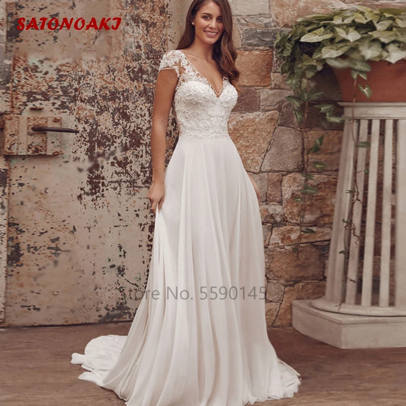 

Vestidos De Novia Beach Chiffon Wedding Dress with Cap Sleeve V-Neck Lace Appliques Boho A-Line Bridal Gowns Robe Mariée Custom