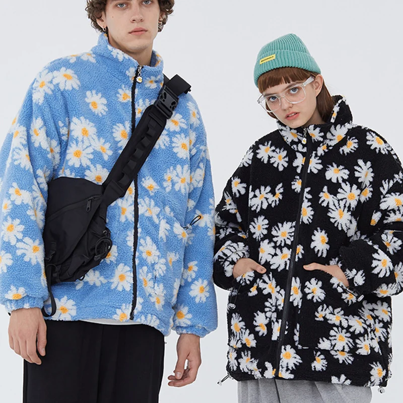 New Hip Hop Style Daisy Print Fleece Warm Full Zip Coats Fashion Harajuku Outwear Cotton Padded Thick Parkas Jackets Streetwear