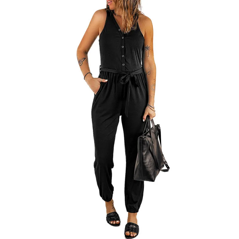 Casual Fashion One Piece Jumpsuit Pants Jumpsuits Harajuku Vintage V Neck Sleeveles Summer Waist Tie Jump Suits Female Overalls