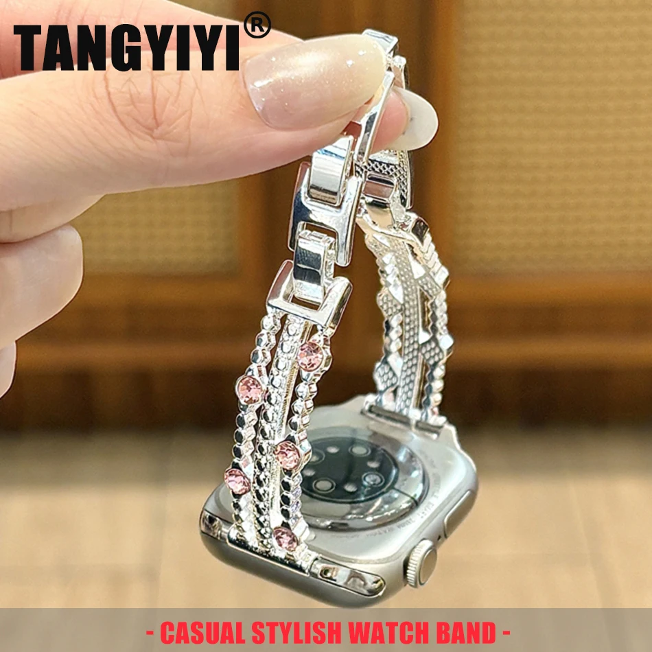 Фото Модный геометрический браслет с бриллиантами для Apple Watch Band S11/10/9/8/7/6/SE/Ultra, металлический ремешок для iWatch 49/46/45/44/42/41/40/38 мм №1