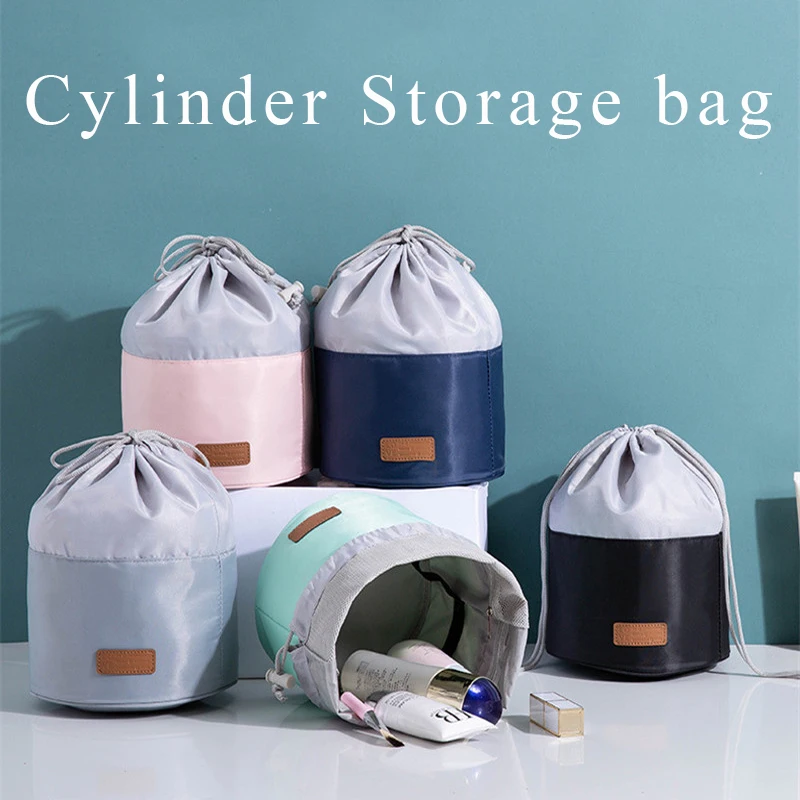 

Women Drawstring Cosmetic Bag Cylinder Travel Makeup Storage Bag Large Capacity Beauty Organizer Handbag Toiletry Kit H&JOY