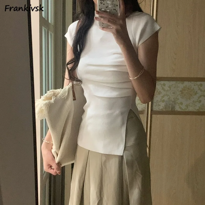 Футболки женские летние с разрезом по бокам круглым вырезом тонкие повседневные