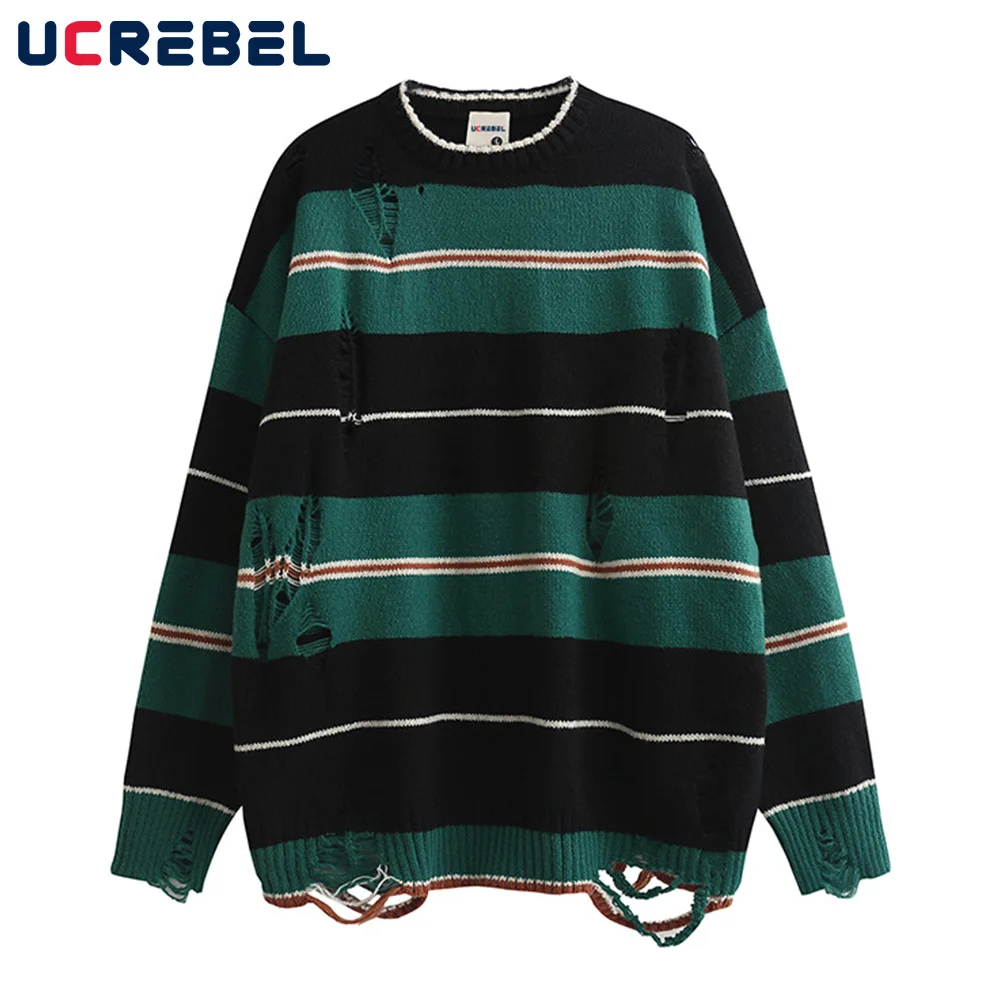 

Color Block Knitted Sweater Mens Streetwear Retro Ripped Hole Loose Sweater Autumn Round Neck Long Sleeve Pullover Men
