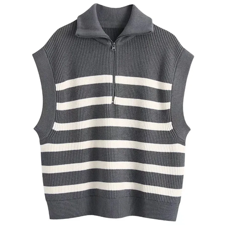 

Dave&Di 2022 New Fashion High Street Vintage Striped Zipper Knitted Vest Women Fashion Winter Sweaters Women Tops Jacket Women