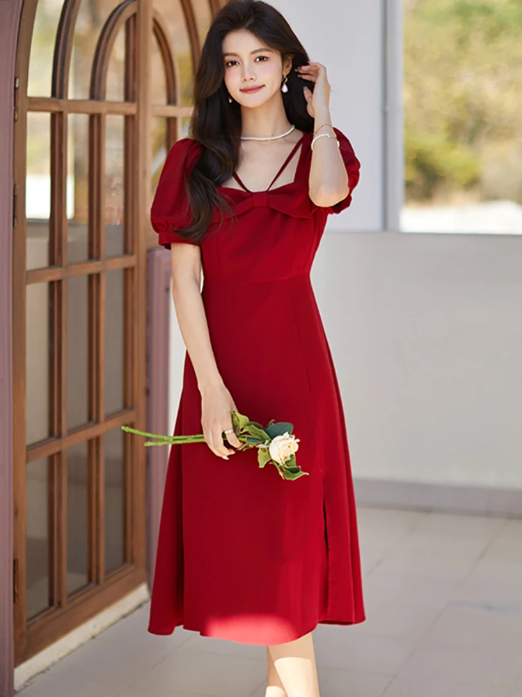 Новинка 2024 женское платье средней длины с квадратным вырезом элегантное