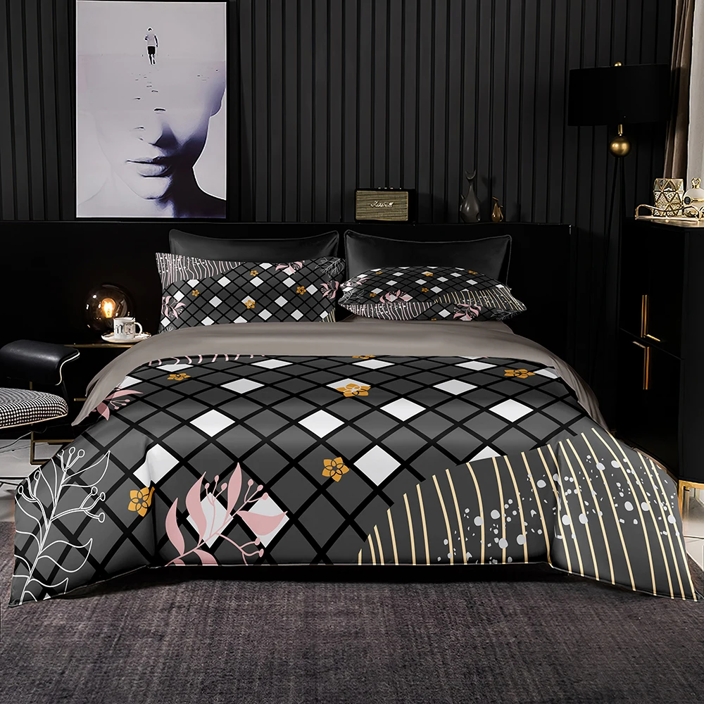 

Gray Tones Bedding Set 2/3Set,Black Twill with White Grid Print Duvet Cover,Pink Leaf and Orange Lines Petal Set with Pillowcase