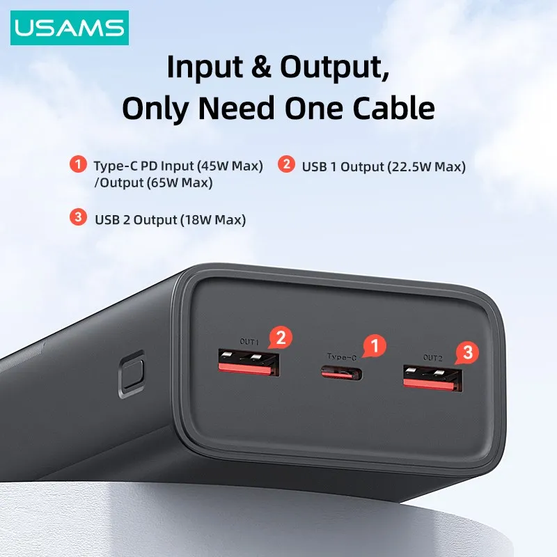 Kup USAMS 30000mAh PD 65W Szybkie ładowanie Banku Mocy Dla MacBook IPad Pro IPhone Przenośna Zewnętrzna Bateria Dla Huawei Xiaomi Samsung