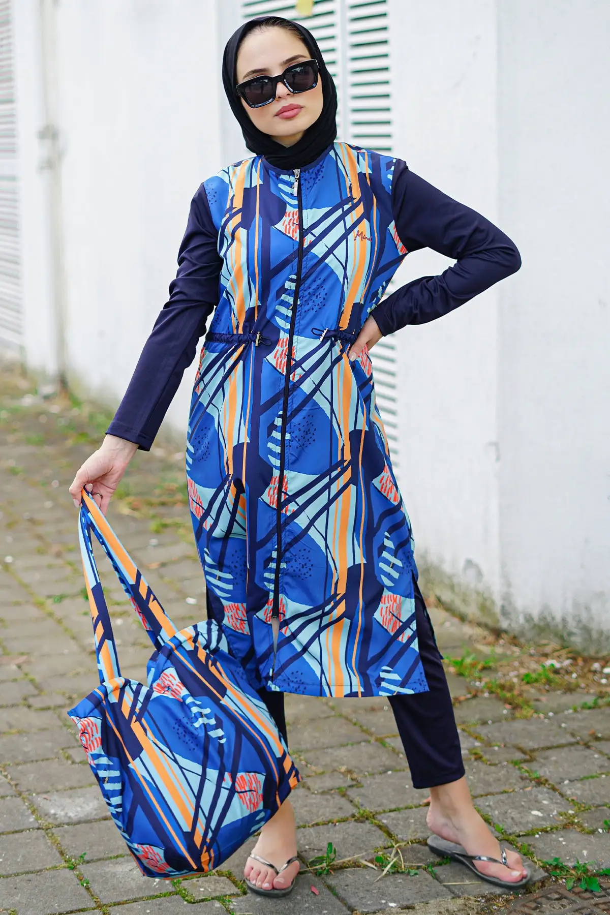 

Muslim Burkinis Blue Digital Print Patterned Long 2 Psc. Set Swimwear Style Summer Hijab Swimsuit