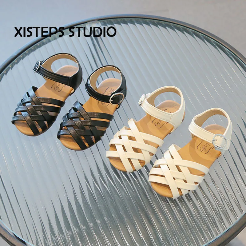 

XISTEPS Girls Sandals Summer 2023 New Children Buckle Open-toed Beach Sandals Soft-soled Woven Little Girl Princess Shoes