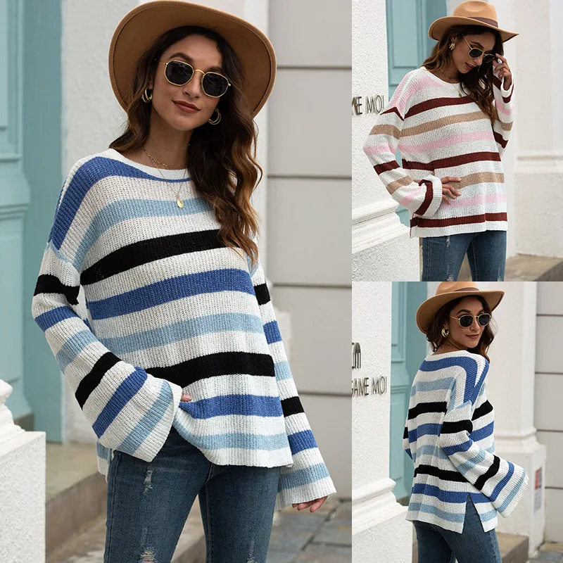 

Autumn New Sweater Women's Pullover Bell Sleeve Striped Color Matching Sweater