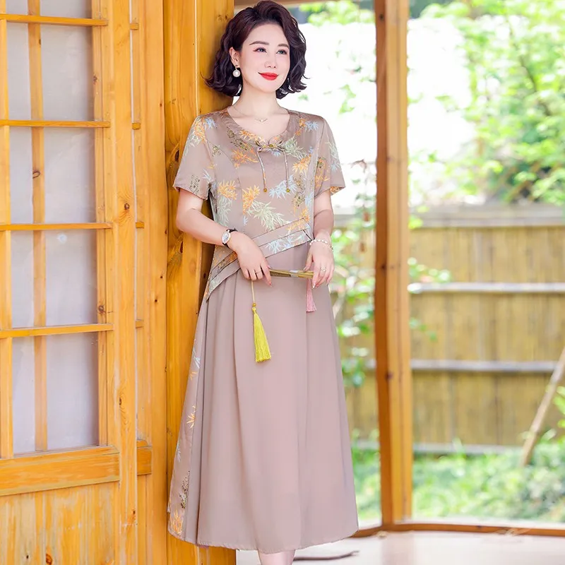 Платье-Ципао из имитации двух частей шифоновое свободное приталенное